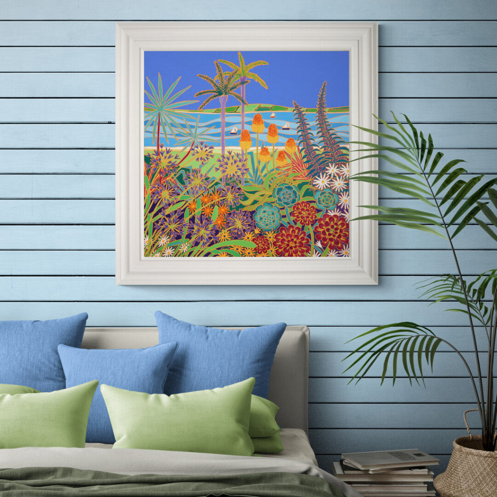 'A Garden of Colourful Delights, Tresco', 80x80 cm oil on canvas. Painting by Cornish Artist Joanne Short. Cornish Art from our Cornwall Art Gallery