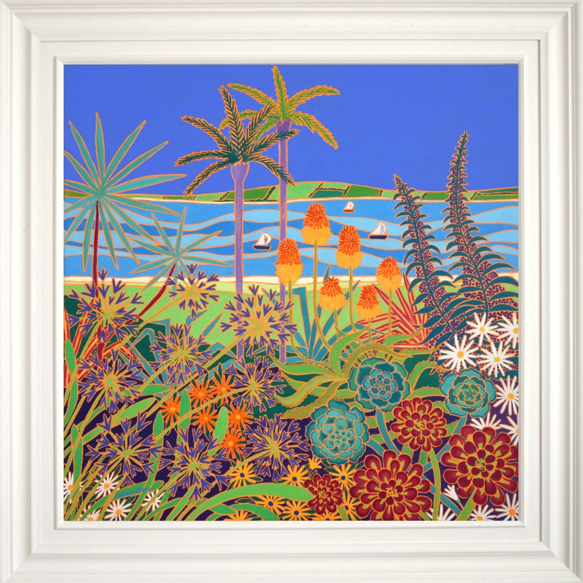 'A Garden of Colourful Delights, Tresco', 80x80 cm oil on canvas. Painting by Cornish Artist Joanne Short. Cornish Art from our Cornwall Art Gallery Joanne Short