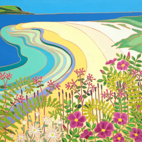 Colourful original oil painting by Joanne Short of the winding river Camel with flowers and plants at Daymer Bay in Cornwall.