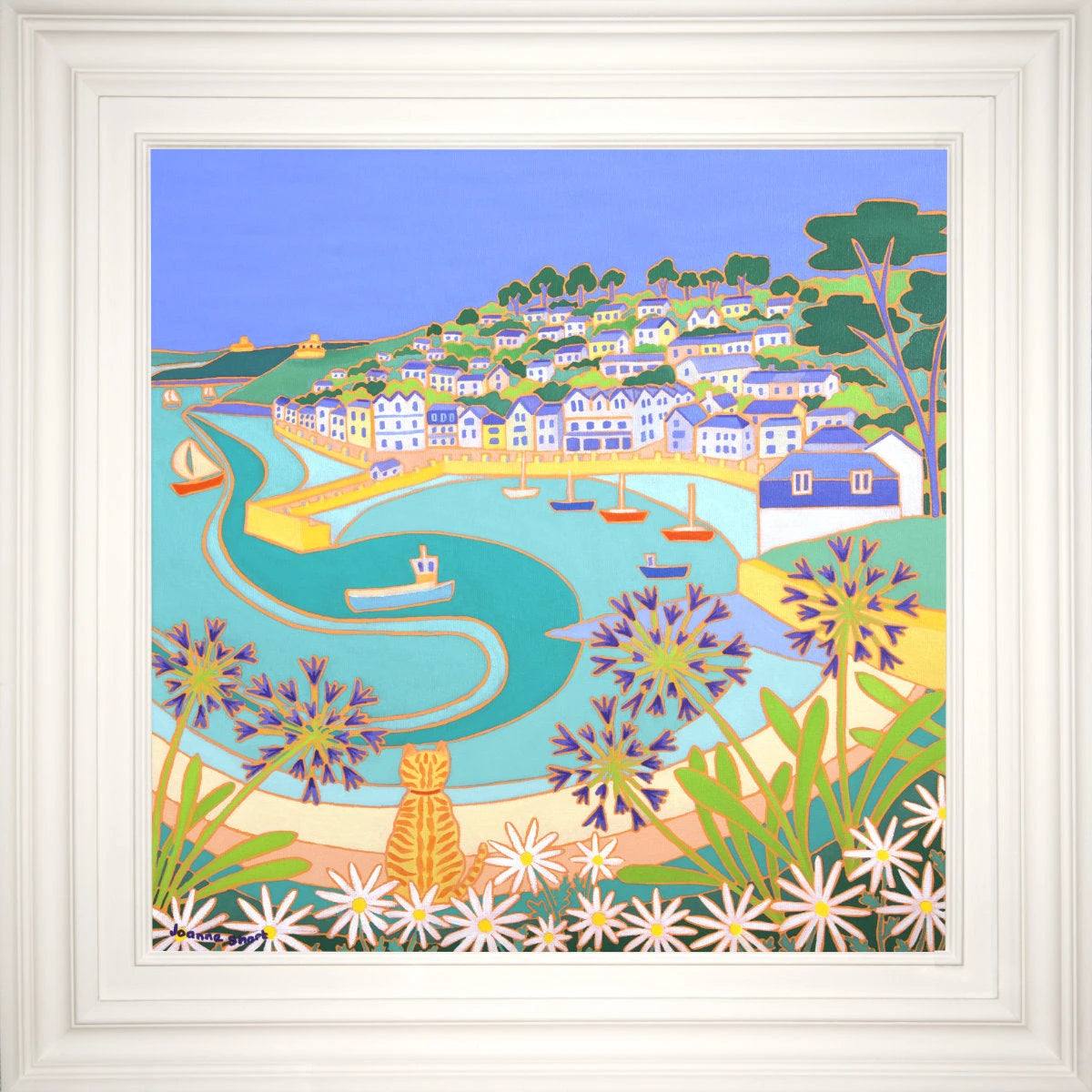 'Ginger Cat on the Wall, St Mawes’. 24x24 inches oil on canvas. Painting of Cornwall by Cornish Artist Joanne Short. Joanne Short