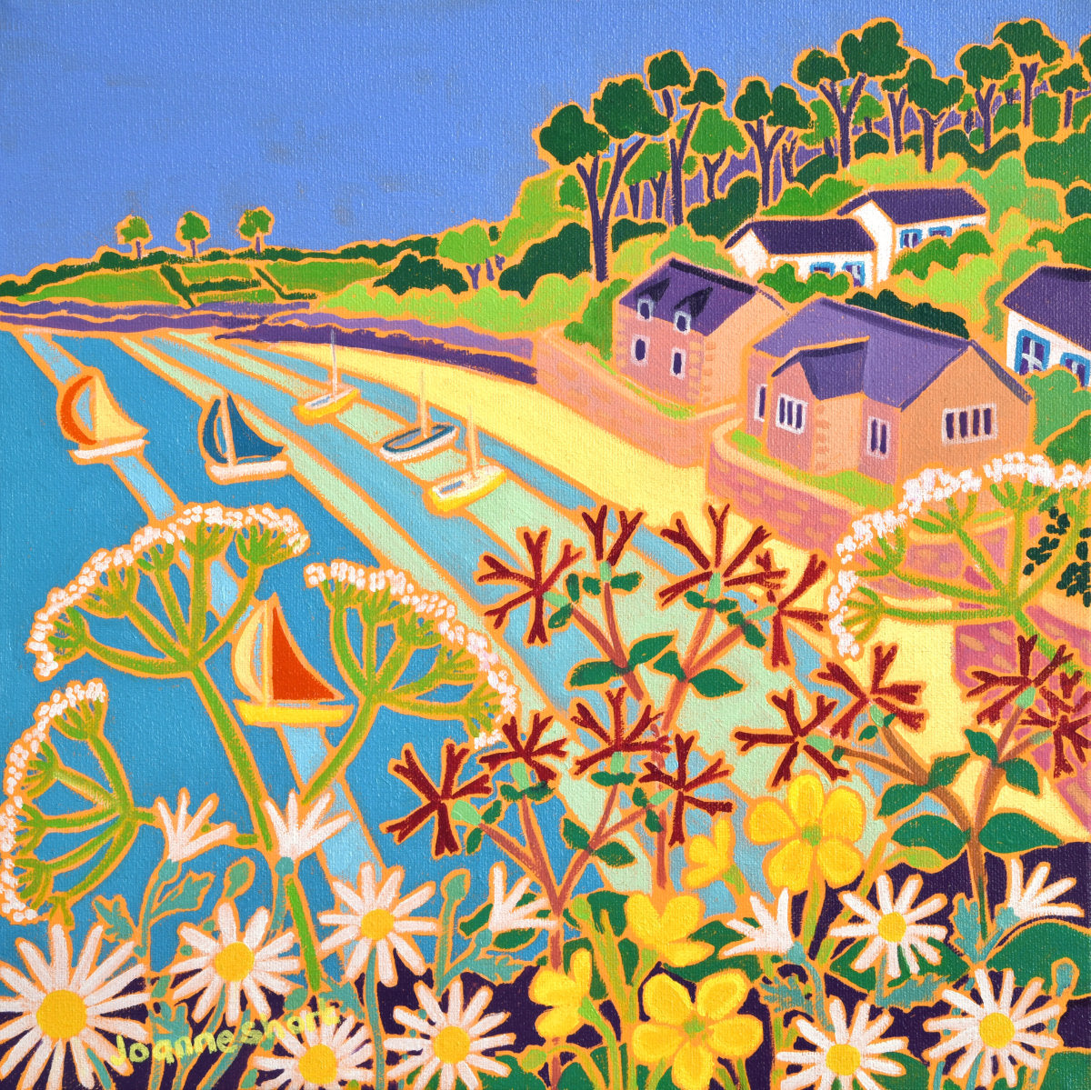 'Dinghy Sailing, Durgan, Helford River', 12x12 inches oil on canvas. Cornwall Art Gallery Painting by Cornish Artist Joanne Short