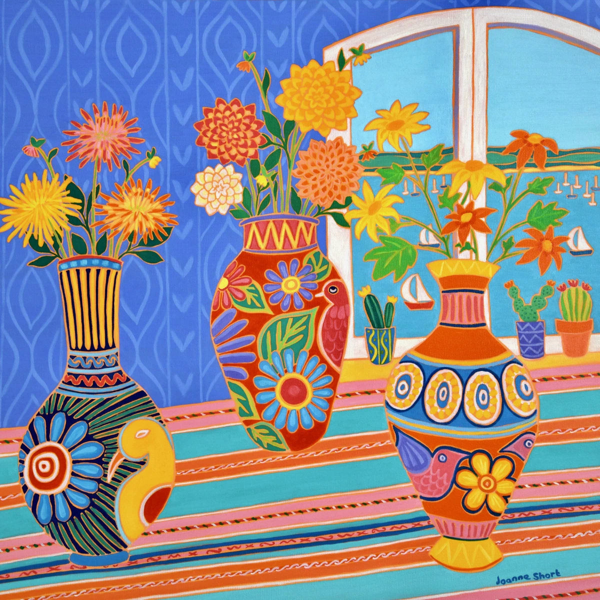 'Fiesta of Flowers in Mexican Vases', 30x30 inches oil on canvas. Original Painting by British Artist Joanne Short Joanne Short