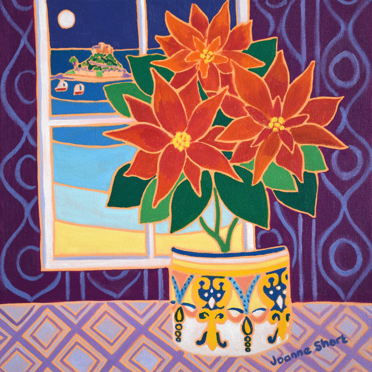 'Moonlit Poinsettia, St Michael's Mount'. 12x12 inches Original Art Painting Oil on Canvas. Paintings of Cornwall by Cornish Artist Joanne Short. Joanne Short