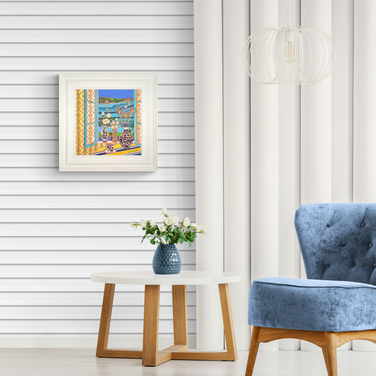 'Blue and White Pottery in the Window, Trefusis, Falmouth',
18 x 18 inches, coastal oil on canvas. Painting by Cornish Artist Joanne Short. Cornish Art from our Cornwall Art Gallery