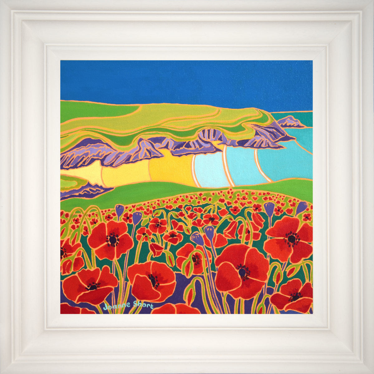 'A Carpet of Poppies, Polly Joke Beach', 12x12 inches oil on canvas. Cornwall Art Gallery Painting by Cornish Artist Joanne Short