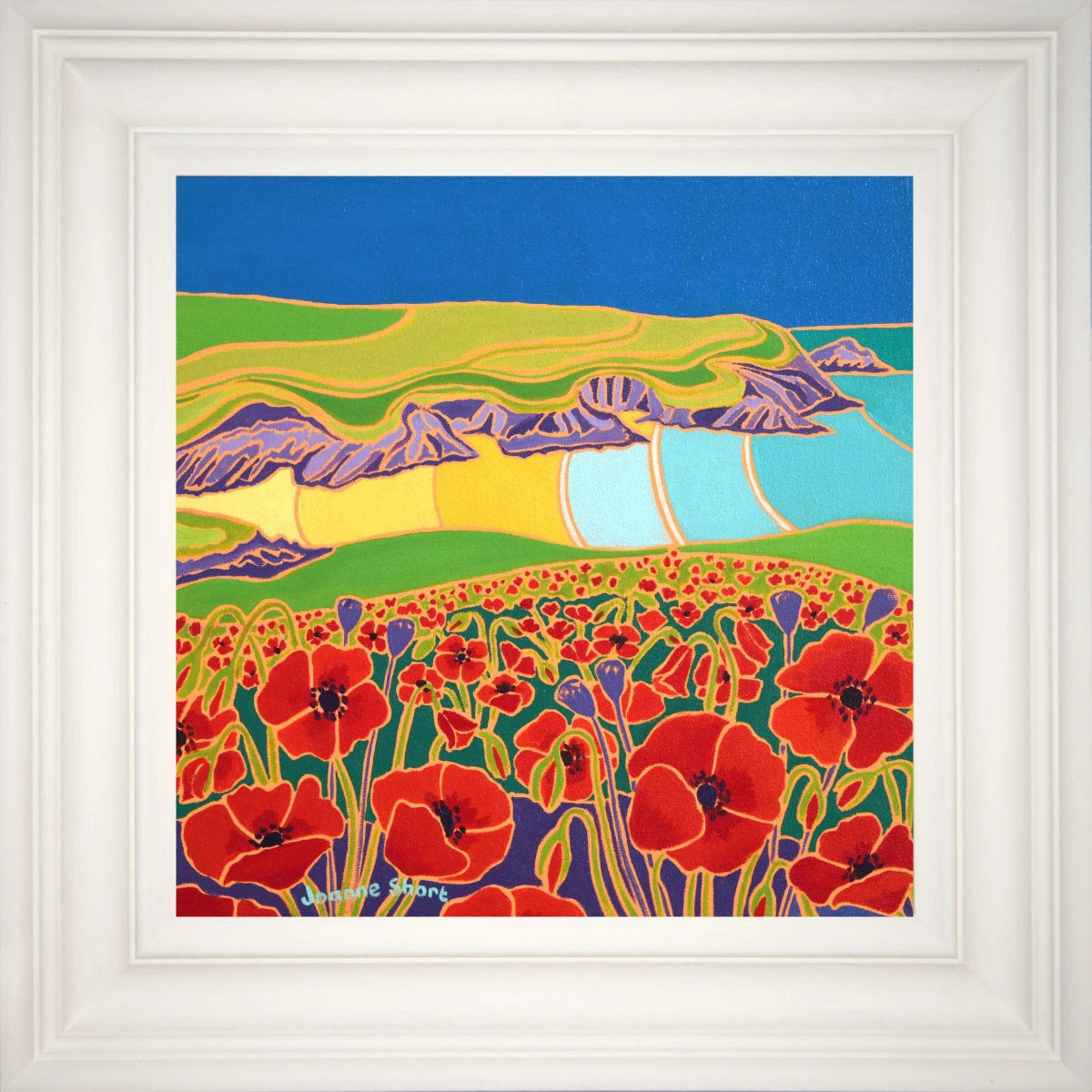 'A Carpet of Poppies, Polly Joke Beach', 12x12 inches oil on canvas. Cornwall Art Gallery Painting by Cornish Artist Joanne Short