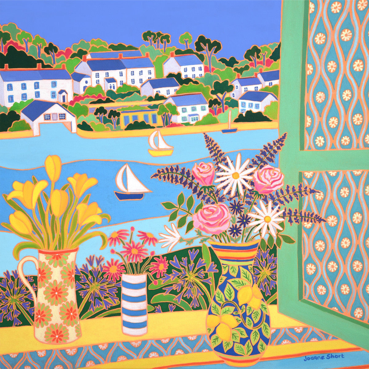 Limited Edition Print by Cornish Artist Joanne Short. 'Colourful Vases of Flowers, Helford'. Cornwall Art Gallery Print