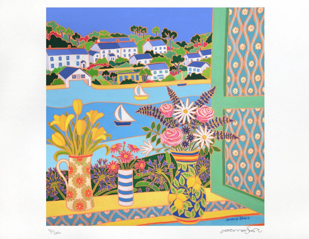 Limited Edition Print by Cornish Artist Joanne Short. 'Colourful Vases of Flowers, Helford'. Cornwall Art Gallery Print Joanne Short
