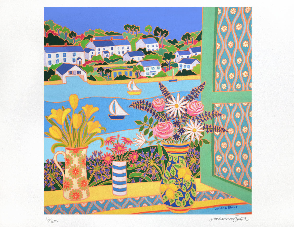 Limited Edition Print by Cornish Artist Joanne Short. 'Colourful Vases of Flowers, Helford'. Cornwall Art Gallery Print