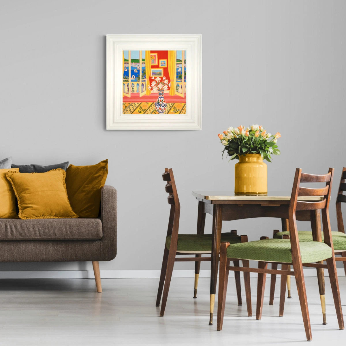 'Paintings on the Wall and Daisies in a Vase, Falmouth River View', 18 x 18 inches, coastal still life oil on canvas. Garden Flower Painting by Cornish Artist Joanne Short. Joanne Short