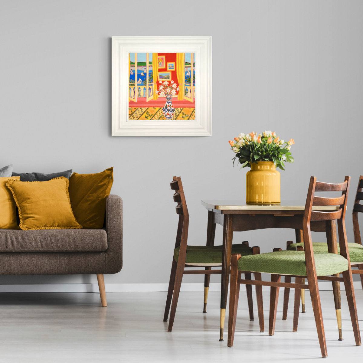 'Paintings on the Wall and Daisies in a Vase, Falmouth River View',
18 x 18 inches, coastal oil on canvas. Painting by Cornish Artist Joanne Short. Cornish Art from our Cornwall Art Gallery