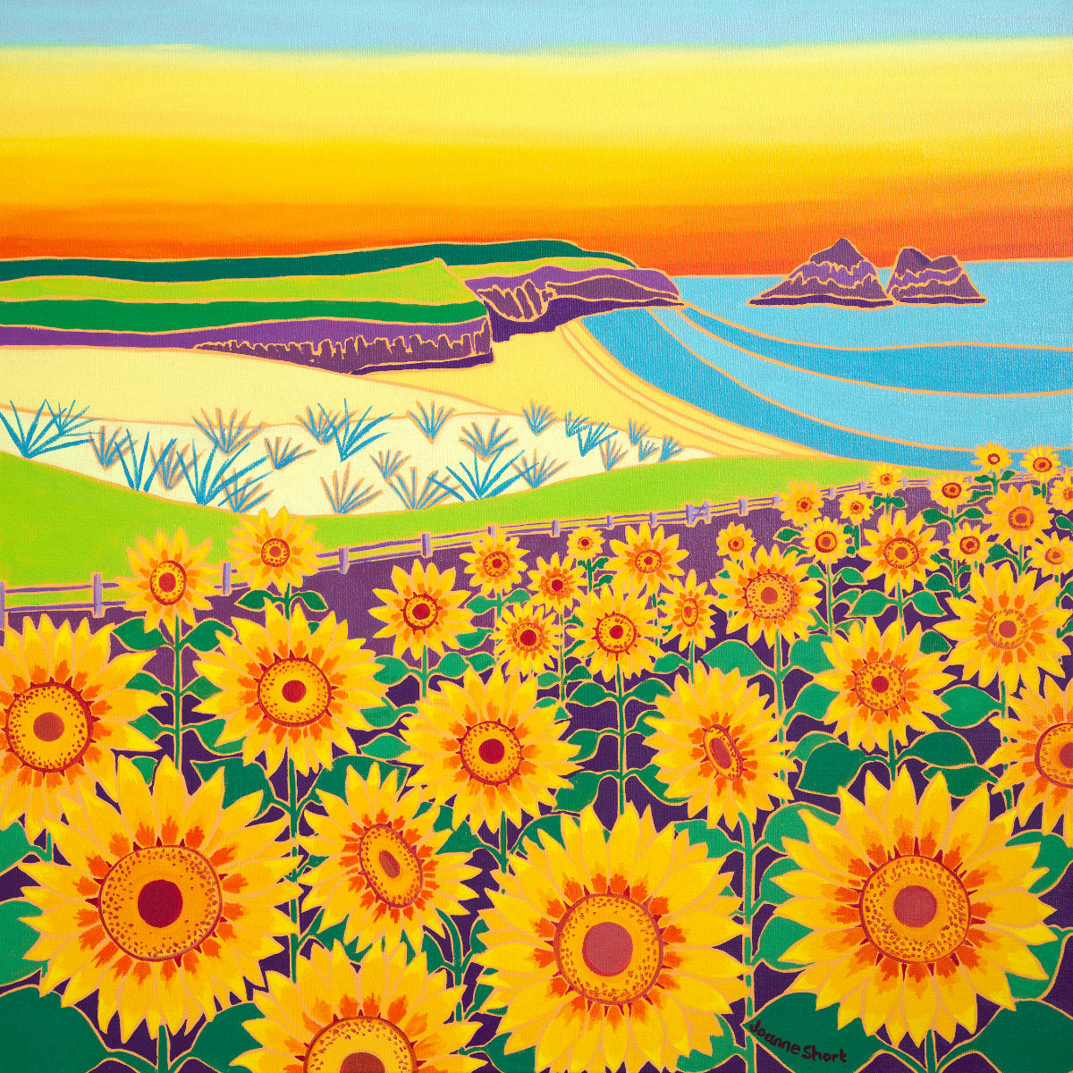 Limited Edition Print by Cornish Artist Joanne Short. 'Sunny Sunflowers, Holywell Bay'. Cornwall Art Gallery Sunset Sunflower Print