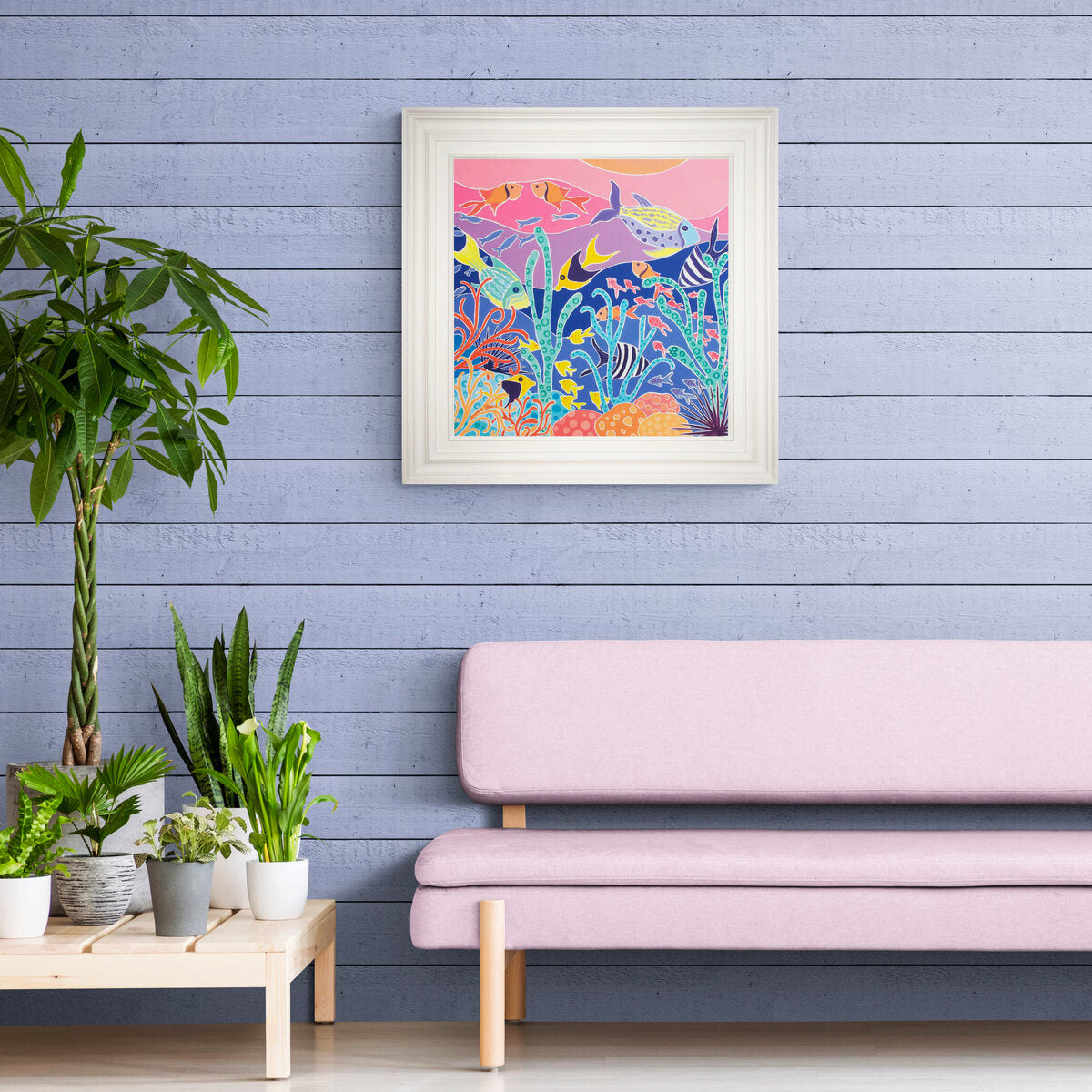 Original Painting by Joanne Short. 'Stripy Swimmers', Tropical Fish Musée Océanographique Monaco. 24 x 24 inches oil on canvas