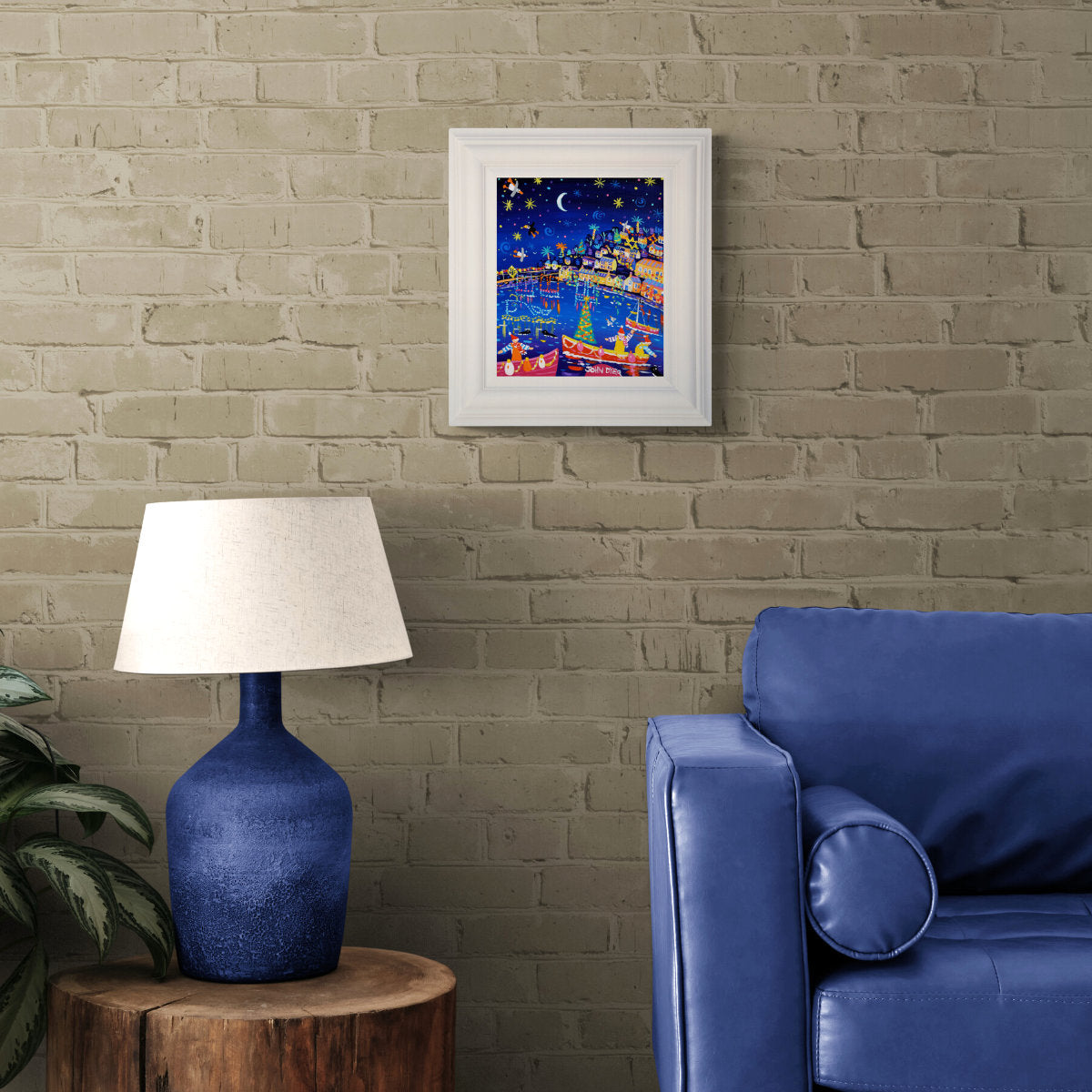 'Festive Fishermen and Twinkling Christmas Lights, Mousehole Harbour', 12x10 inches acrylic on canvas. Paintings of Cornwall. Cornish Artist John Dyer. Cornwall Art Gallery