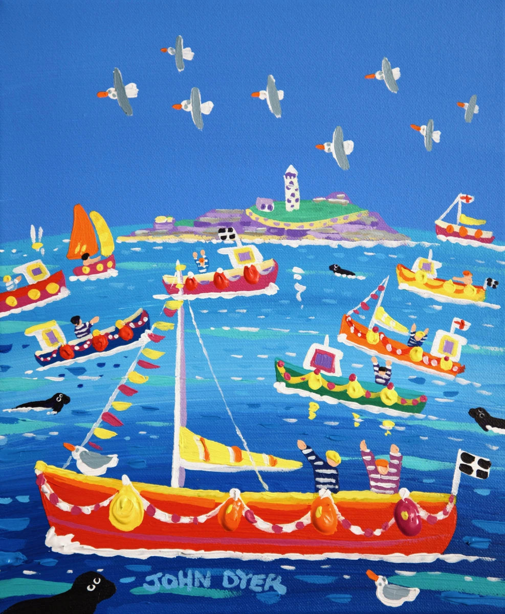 'Fishing Trip to Godrevy', 10x12 inches acrylic on canvas. Coastal Seascape Painting of Cornwall. Cornish Artist John Dyer. Cornwall Art Gallery John Dyer