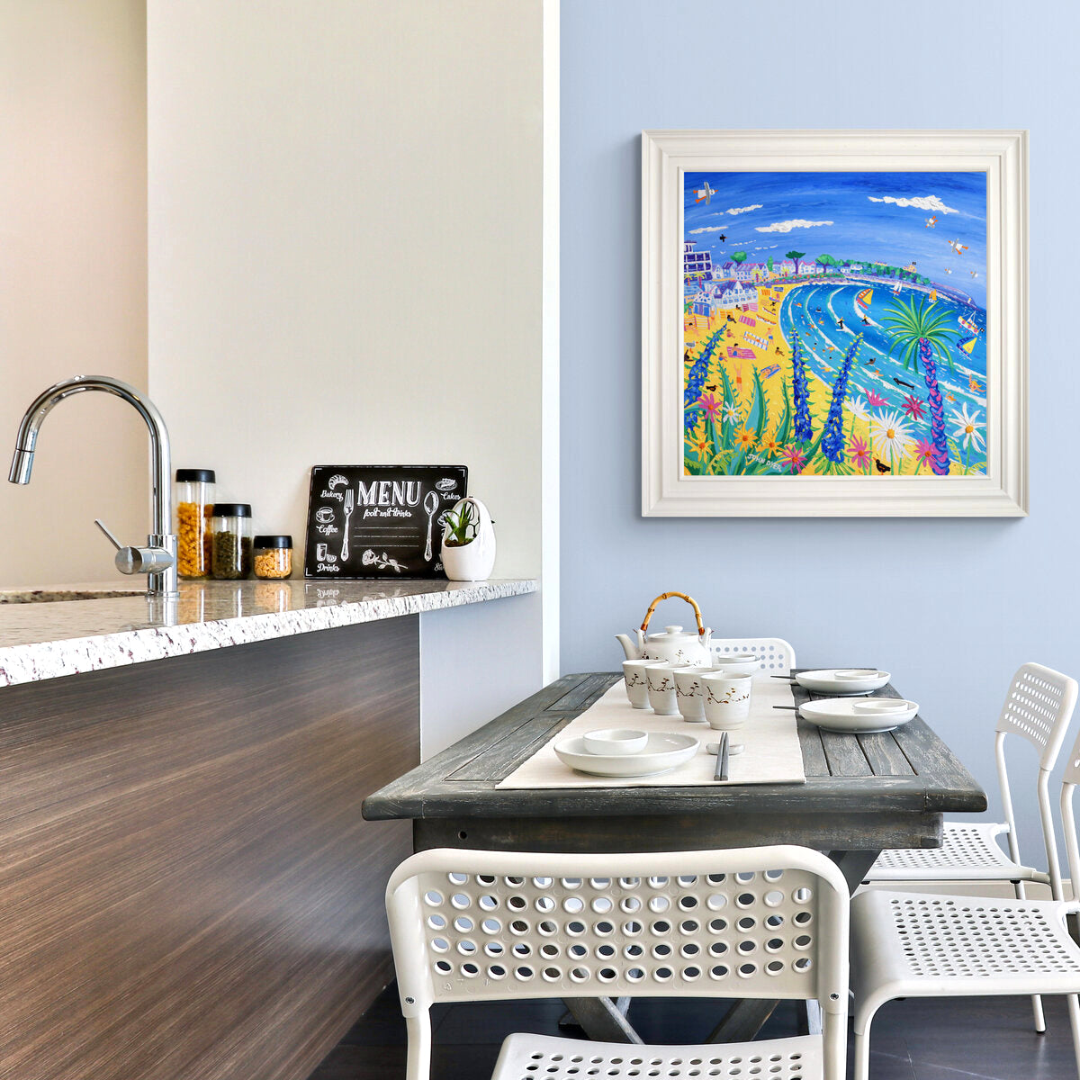 'Tropical Days at Gyllyngvase Beach, Falmouth', 30 x 30 inches acrylic on canvas. Coastal Paintings of Cornwall by Cornish Artist John Dyer