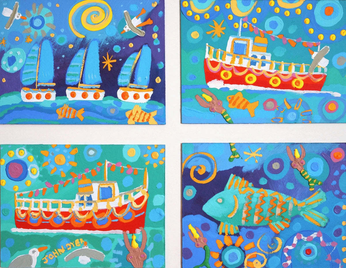 'Ferries, Fish and Fun on the Water', quadriptych, four panels painted in acrylic measuring 25x19.5 inches in total (9x12 inches each). Coastal Painting of Cornwall by Cornish Artist John Dyer John Dyer
