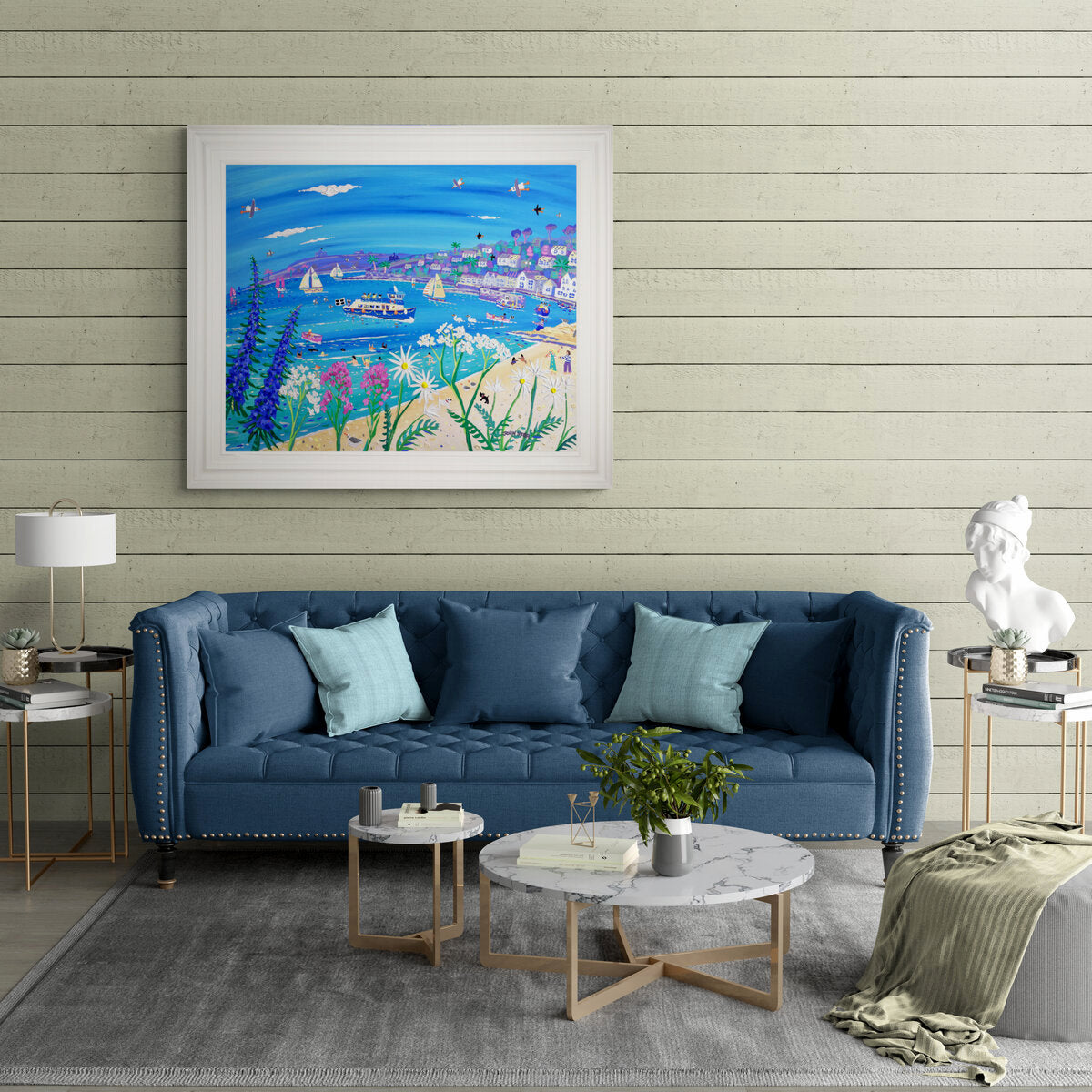 'Boats in the Morning Light, St Mawes'. 33x40 inches original art acrylic on board. Paintings of Cornwall by Cornish Artist John Dyer. Cornwall Art Gallery