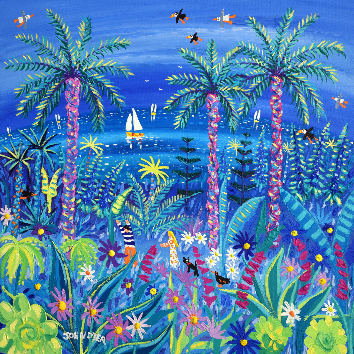 'Sumptuous Stroll through the Tresco Abbey Gardens', 30 x 30 inches acrylic on canvas. Coastal Paintings of Cornwall by Cornish Artist John Dyer