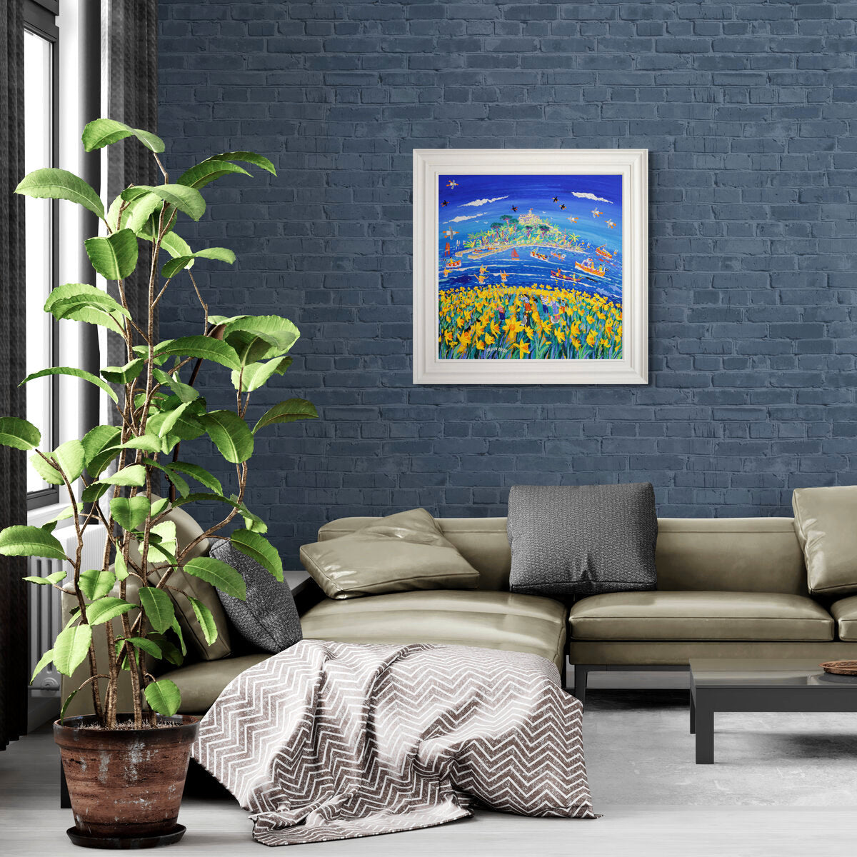 'Frolicking in the Flowers Mount’s Bay', 30 x 30 inches acrylic on canvas. Painting of St Michael's Mount Cornwall by Cornish Artist John Dyer