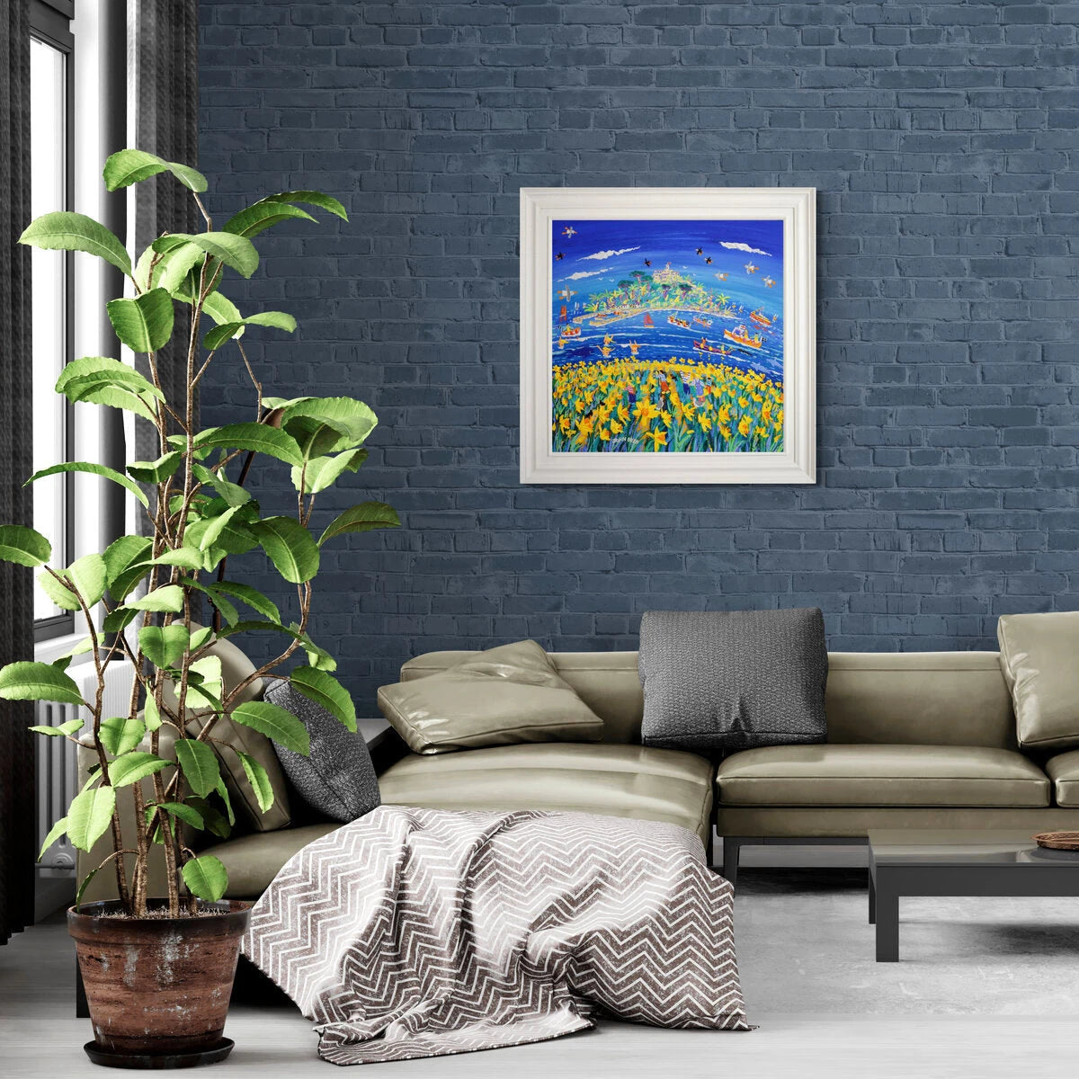'Frolicking in the Flowers Mount’s Bay', 30 x 30 inches acrylic on canvas. Painting of St Michael's Mount Cornwall by Cornish Artist John Dyer