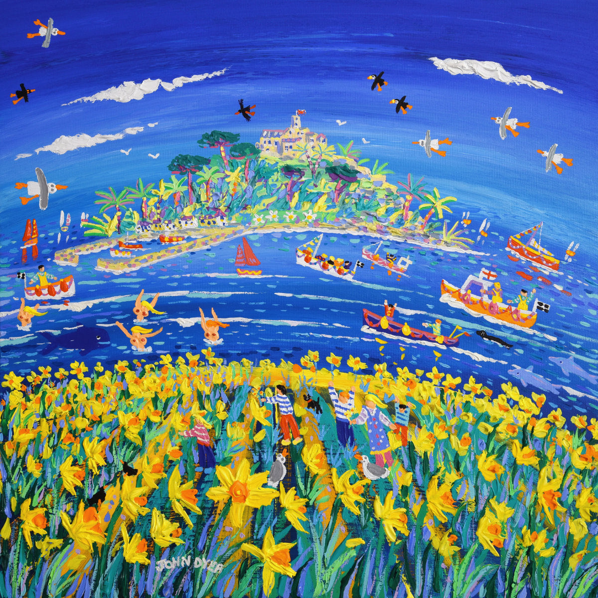 'Frolicking in the Flowers Mount’s Bay', 30 x 30 inches acrylic on canvas. Painting of St Michael's Mount Cornwall by Cornish Artist John Dyer