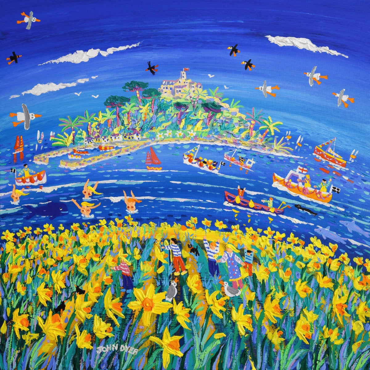 'Frolicking in the Flowers Mount’s Bay', 30 x 30 inches acrylic on canvas. Painting of St Michael's Mount Cornwall by Cornish Artist John Dyer