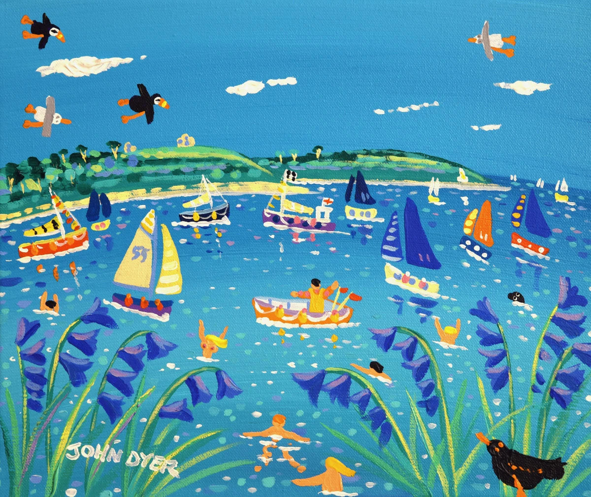 'Swimming and Sailing, Falmouth Bay', 10x12 inches acrylic on canvas. Coastal Painting of Cornwall. Cornish Artist John Dyer. Cornwall Art Gallery John Dyer