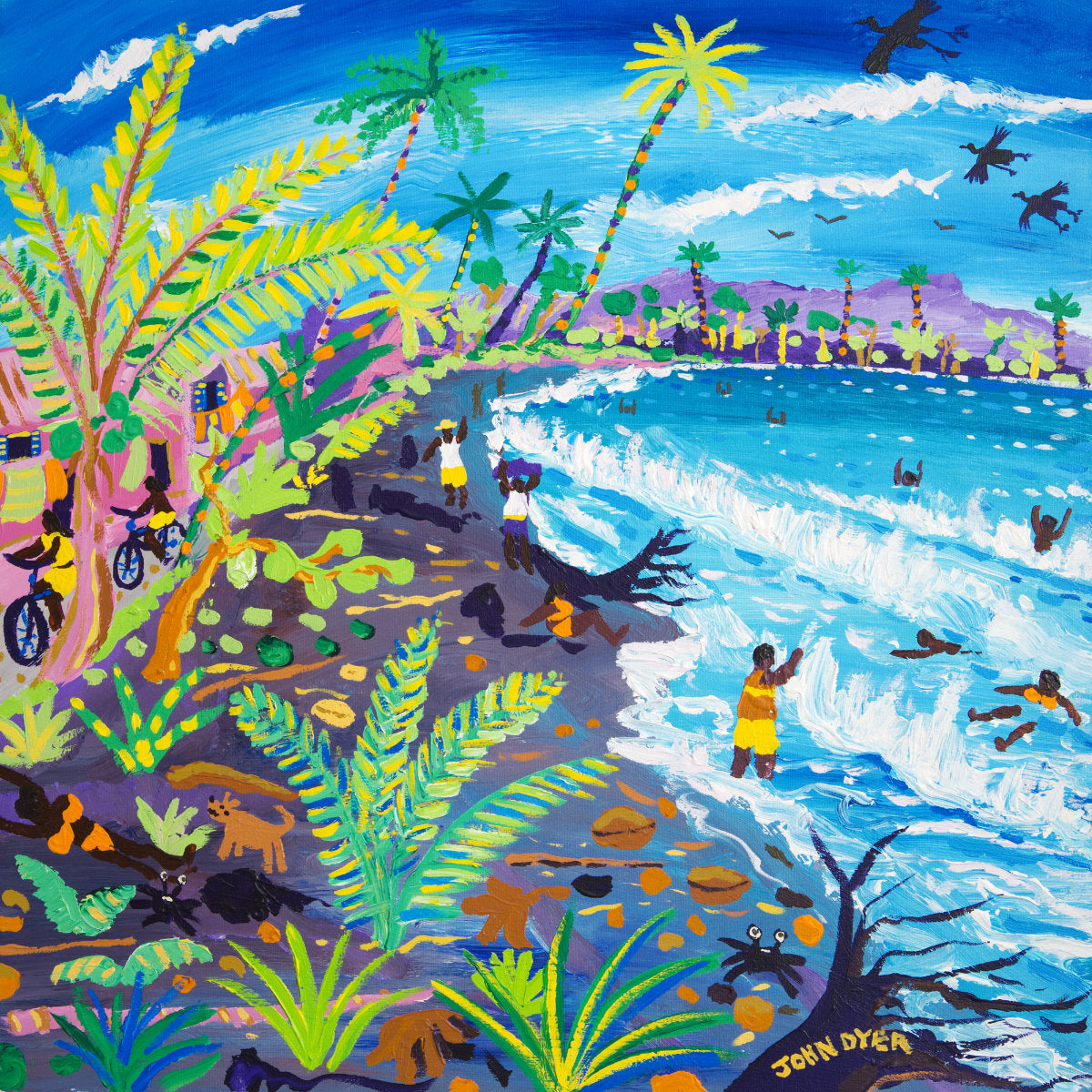 Colorful artwork of a tropical beach scene with people, palm trees, and animals. 'Caribbean Beach Life, Costa Rica', 24 x 24 inches acrylic on canvas. Caribbean Coastal painting by British Artist John Dyer