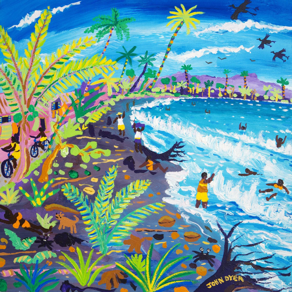 Original acrylic painting by John Dyer of Caribbean beach life in Costa Rica, with palm trees, tropical foliage, rolling surf, swimmers, cyclists, birds and dogs.