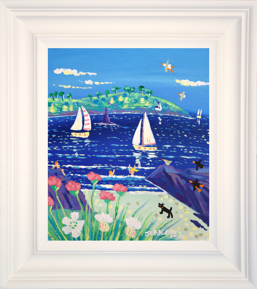 'Sailing Past Pendennis Headland, Falmouth', 12x10 inches acrylic on canvas. Coastal Painting of Cornwall. Cornish Artist John Dyer. Cornwall Art Gallery