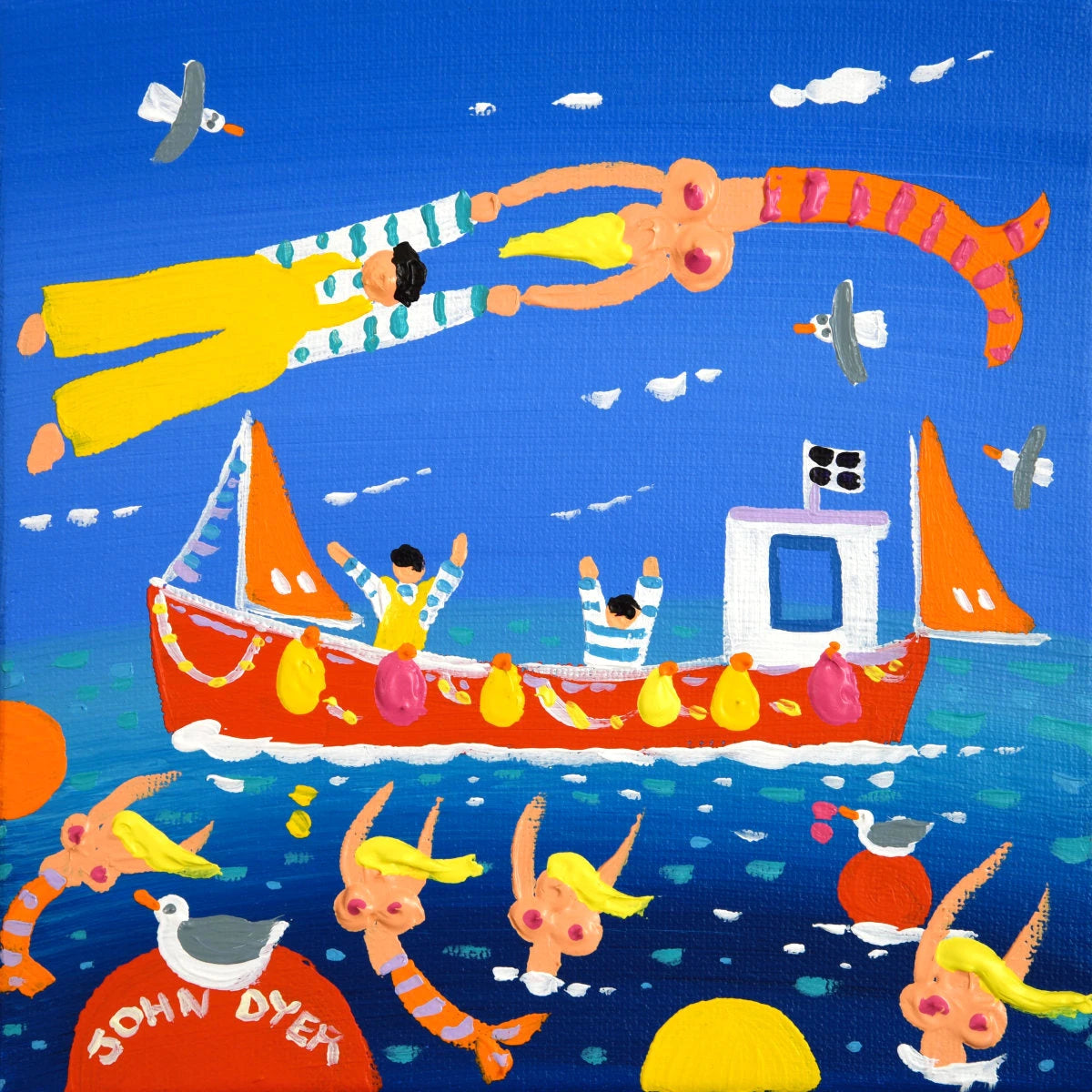 'Cornish Mermaids’, 8x8 inches acrylic on canvas. Painting of Cornwall by Cornish Artist John Dyer John Dyer