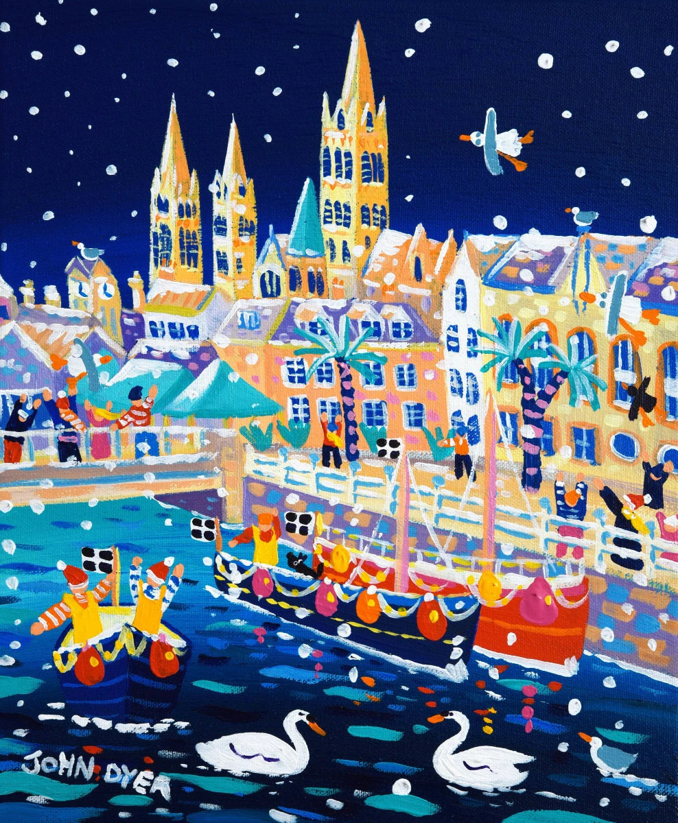 'Snowy Swans on the River, Truro Cathedral', 12x10 inches acrylic on canvas. Paintings of Cornwall. Cornish Artist John Dyer. Cornwall Art Gallery John Dyer