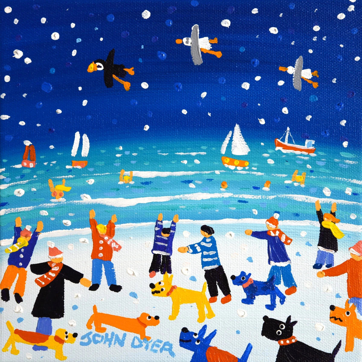 'Cornish Winter Walkies', 8x8 inches acrylic on canvas. Painting of Cornwall by Cornish Artist John Dyer