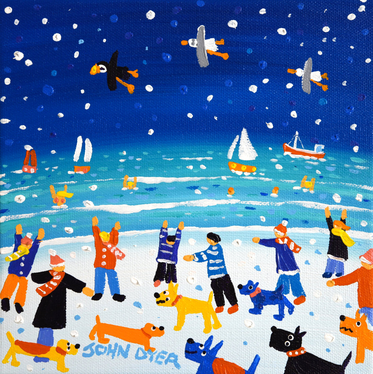 'Cornish Winter Walkies', 8x8 inches acrylic on canvas. Painting of Cornwall by Cornish Artist John Dyer