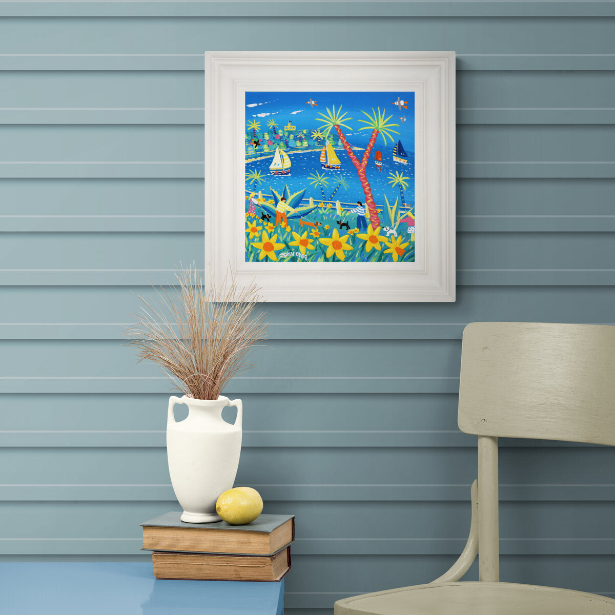 'Walking through the Daffodils, Falmouth', 12x12 inches acrylic on canvas. Cornwall Painting with Dogs by British Artist John Dyer.