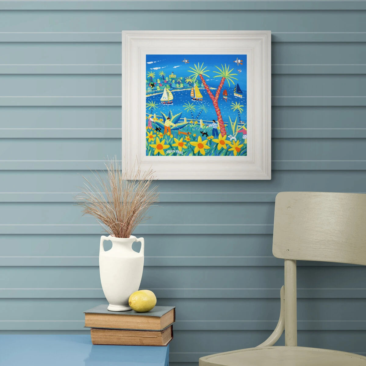 'Walking through the Daffodils, Falmouth', 12x12 inches acrylic on canvas. Cornwall Painting with Dogs by British Artist John Dyer. John Dyer