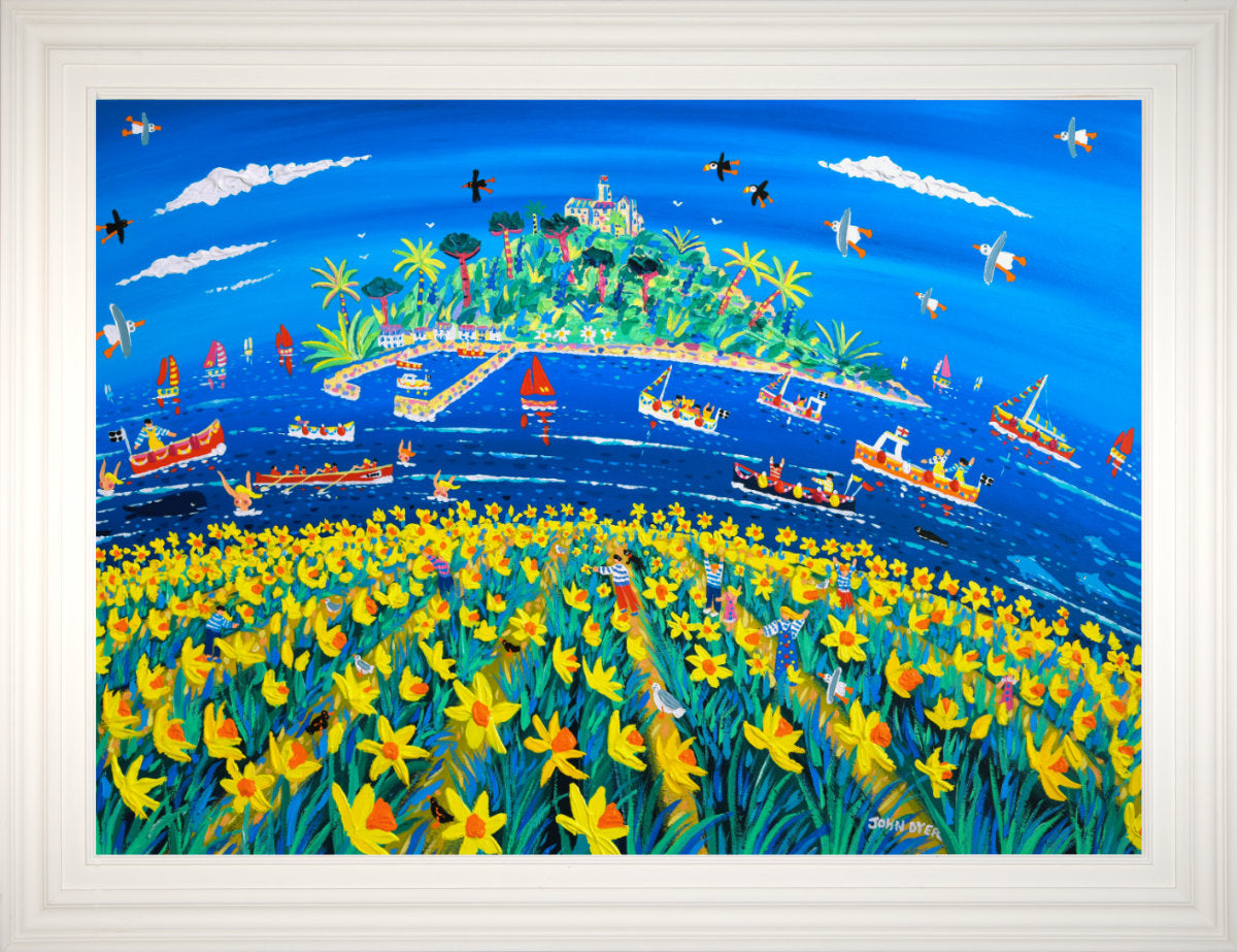 'Daffodil Days at St Michael's Mount', 36 x 48 inches acrylic on canvas. Painting of St Michael's Mount Cornwall by Cornish Artist John Dyer