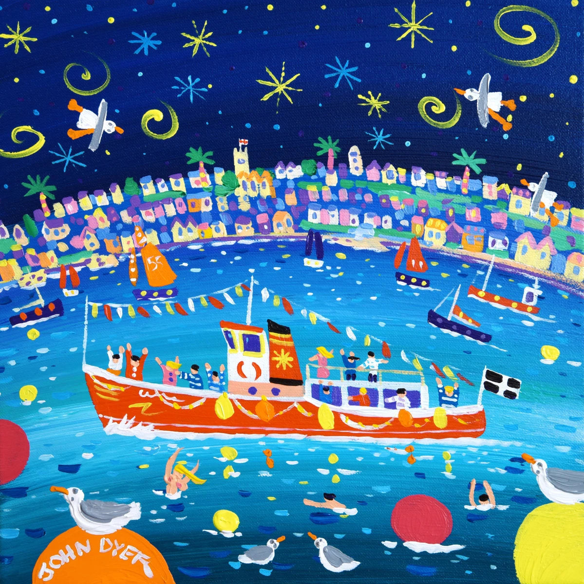 'Falmouth Harbour Fun'. 12 x 12 inches acrylic on canvas. Painting of Cornwall by John Dyer John Dyer