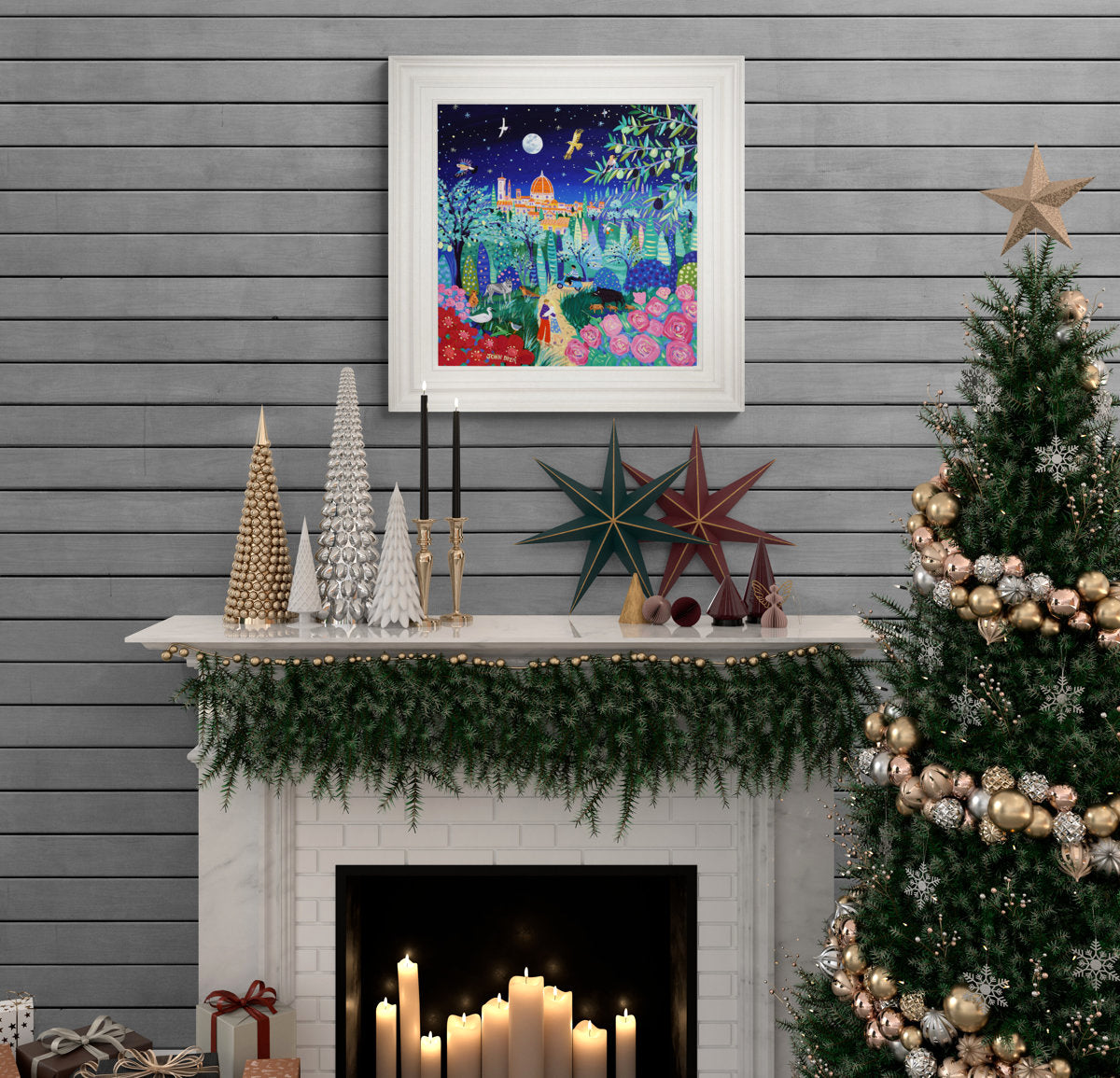 'Enchanted Encounter Under the Tuscan Moon, Florence, Italy', 24x24 inches acrylic on canvas. Italian Painting by British Artist John Dyer.