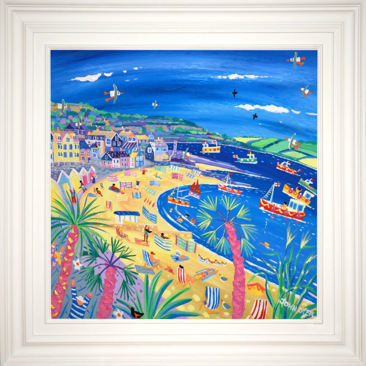 'Beach Huts and Boats, Lyme Regis', 24x24 inches acrylic on canvas. Dorset Painting by British Artist John Dyer. John Dyer