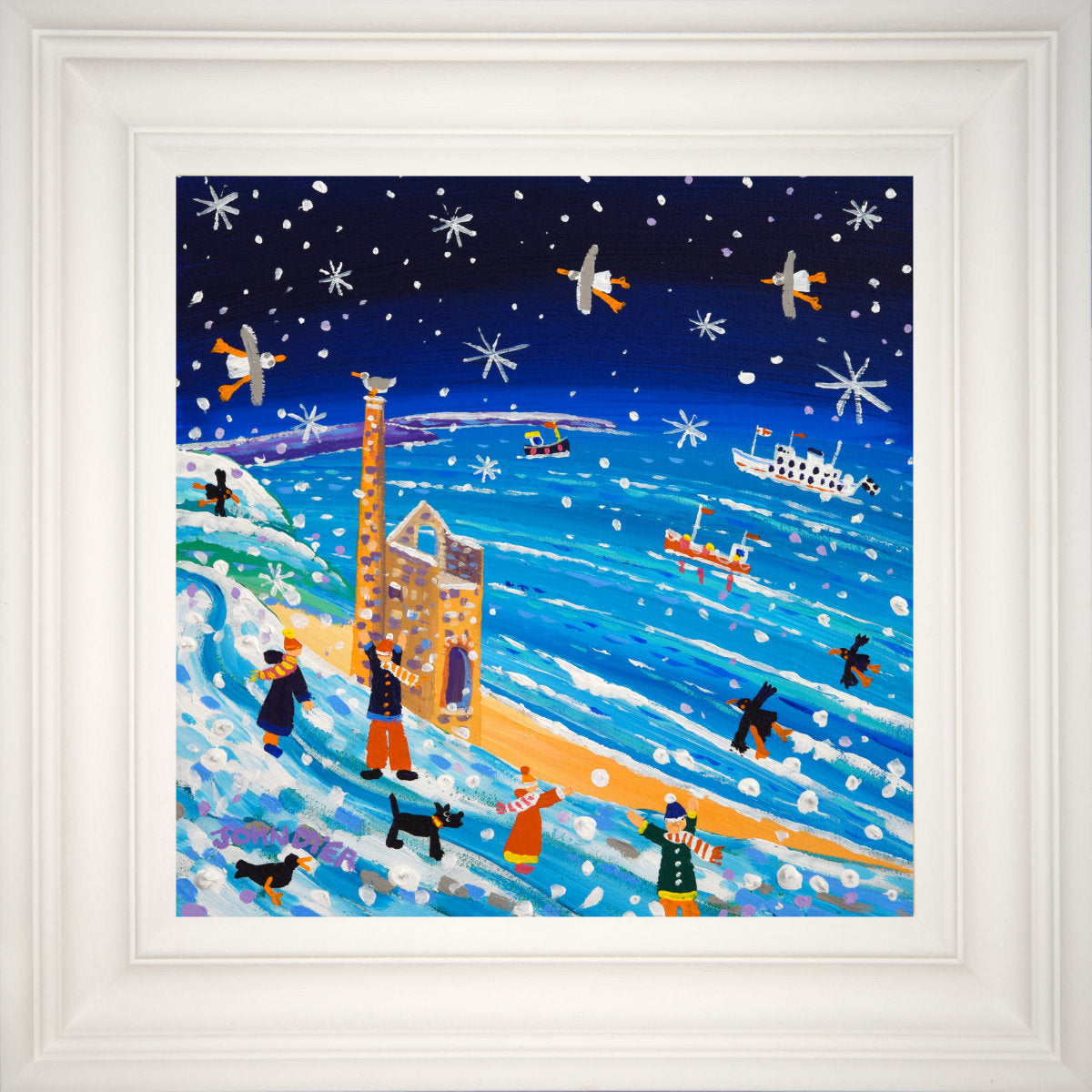 'Wintery Coastpath Walkers, Wheal Coates Tin Mine, St Agnes', 12x12 inches acrylic on canvas. Paintings of Cornwall by Cornish Artist John Dyer. Cornwall Art Gallery