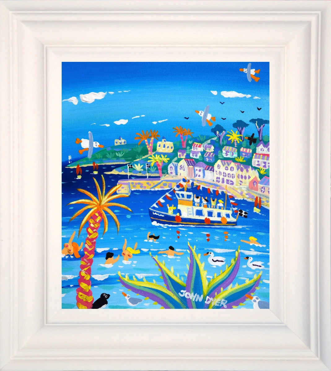 'Bunting and Bathing, St Mawes', 12x10 inches acrylic on canvas. Paintings of Cornwall. Cornish Artist John Dyer. Cornwall Art Gallery John Dyer