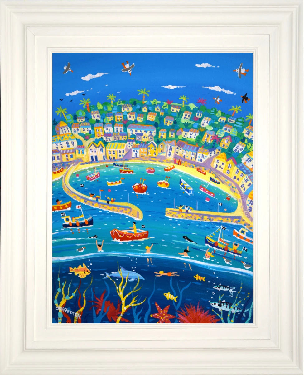 'Exploring the Harbour, Mousehole', 24x18 inches acrylic on canvas. Cornwall Painting by Cornish Artist John Dyer. Cornwall Art Gallery John Dyer