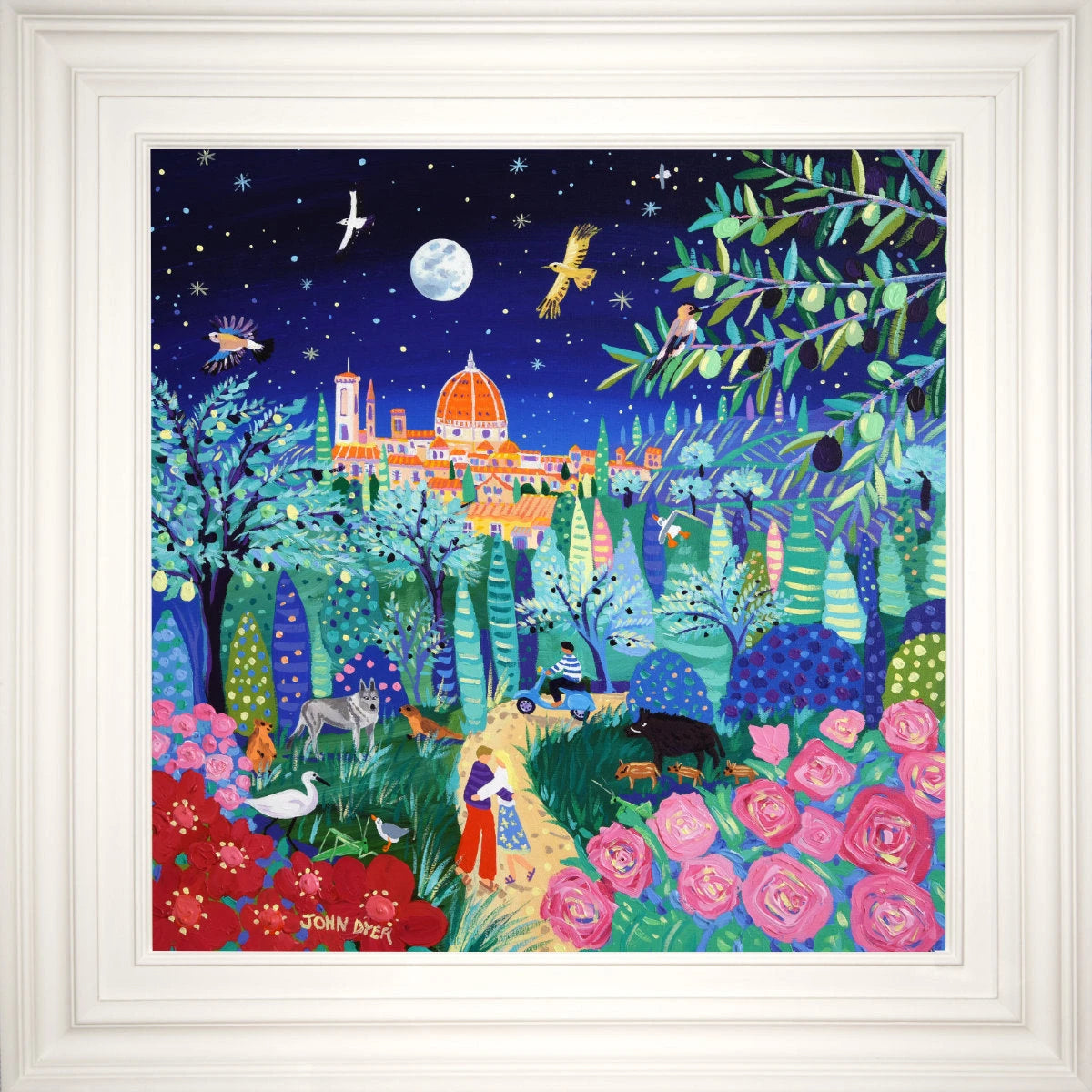 'Enchanted Encounter Under the Tuscan Moon, Florence, Italy', 24x24 inches acrylic on canvas. Italian Painting by British Artist John Dyer. John Dyer