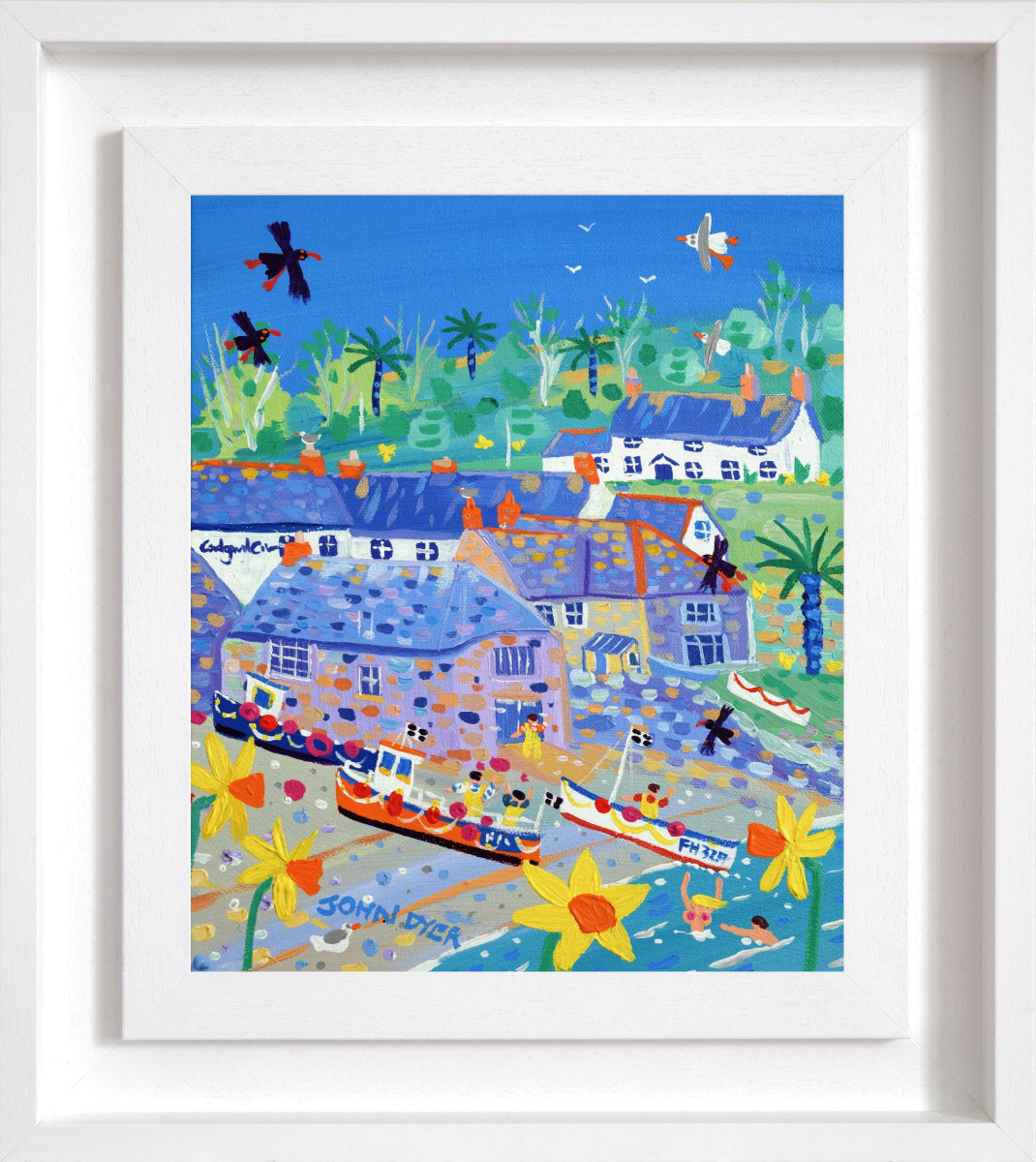 Colorful painting of a coastal scene with houses, boats, and people by John Dyer. 'Daffodils, Choughs and Boats, Cadgwith Cove', 12x10 inches acrylic on canvas. Painting of Cornwall by Cornish Artist John Dyer
