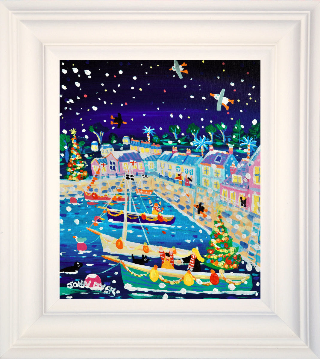 'Snow Flurries, Flushing', 12x10 inches acrylic on canvas. Paintings of Cornwall. Cornish Artist John Dyer. Cornwall Art Gallery