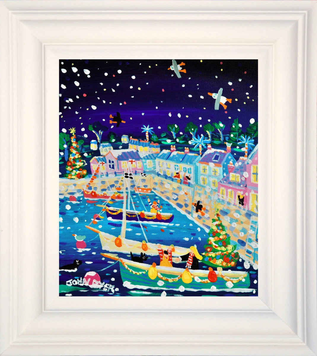 'Snow Flurries, Flushing', 12x10 inches acrylic on canvas. Paintings of Cornwall. Cornish Artist John Dyer. Cornwall Art Gallery John Dyer