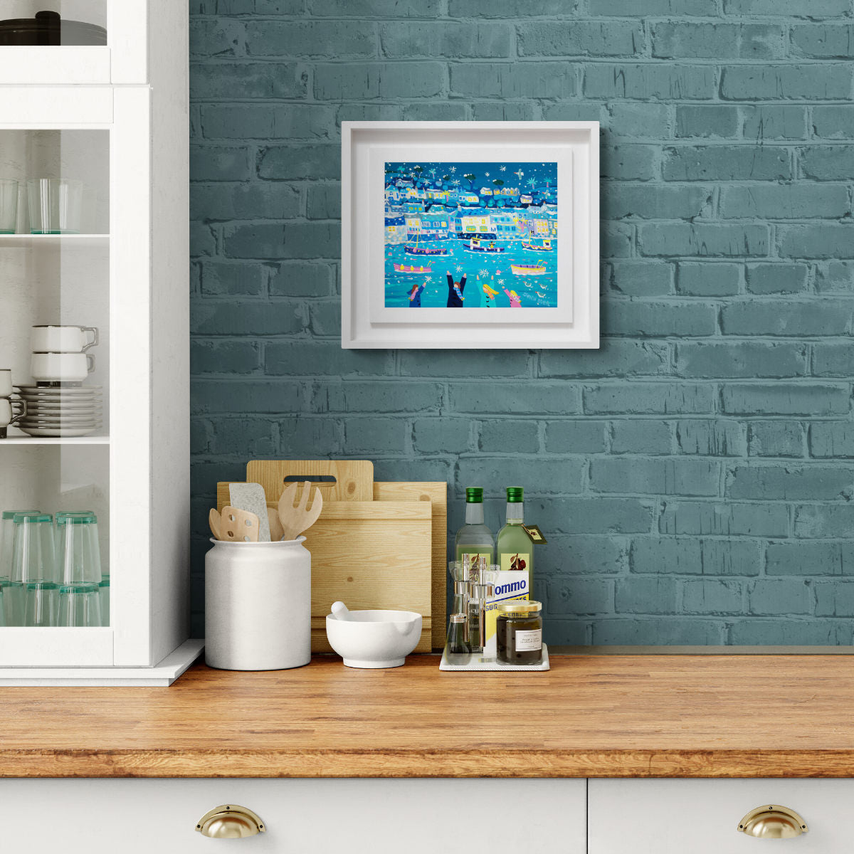 'Catching Snowflakes, Polperro', 10x12 inches acrylic on canvas. Coastal Painting of Cornwall by Cornish Artist John Dyer. Cornwall Art Gallery. Kitchen interior with painting