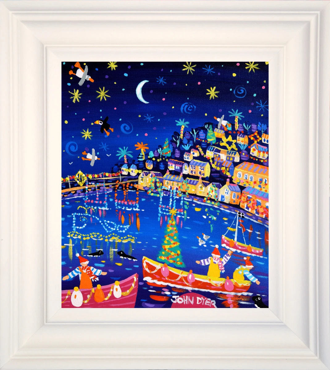 'Festive Fishermen and Twinkling Christmas Lights, Mousehole Harbour', 12x10 inches acrylic on canvas. Paintings of Cornwall. Cornish Artist John Dyer. Cornwall Art Gallery John Dyer